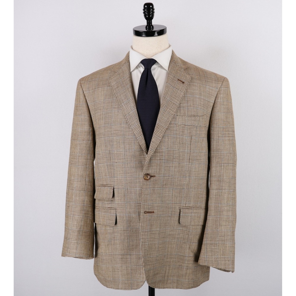 Kent & Curwen Sport Coat 44S Tan Brown Blue Glen Plaid Silk Linen Blazer Italy